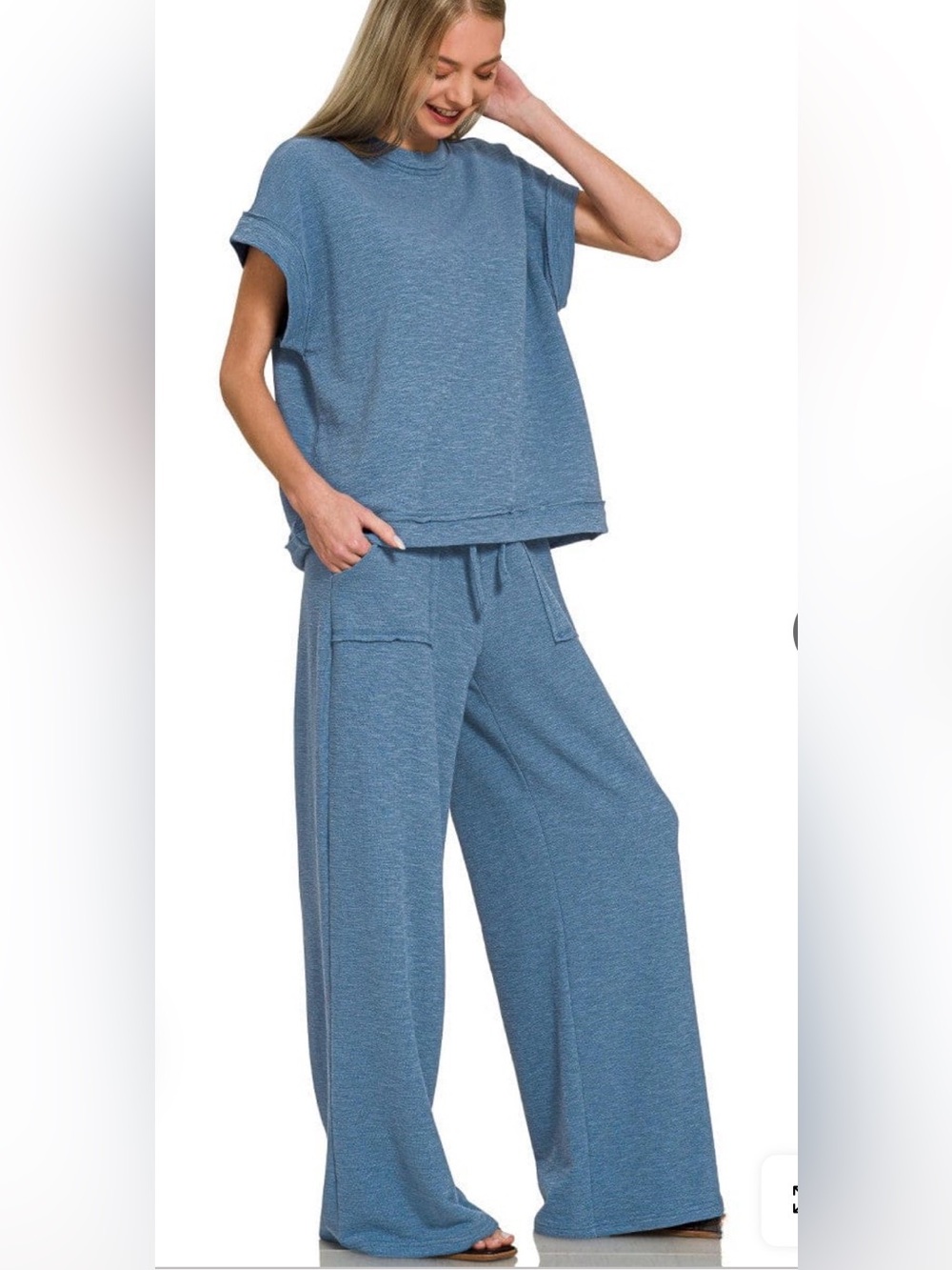 NWOT Zenana Dusty Blue Wide-Leg Lounge Set Medium